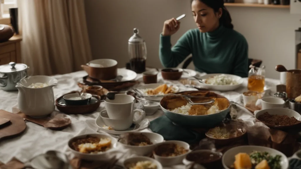 a person evaluates various household items spread across a table in a cozy room.