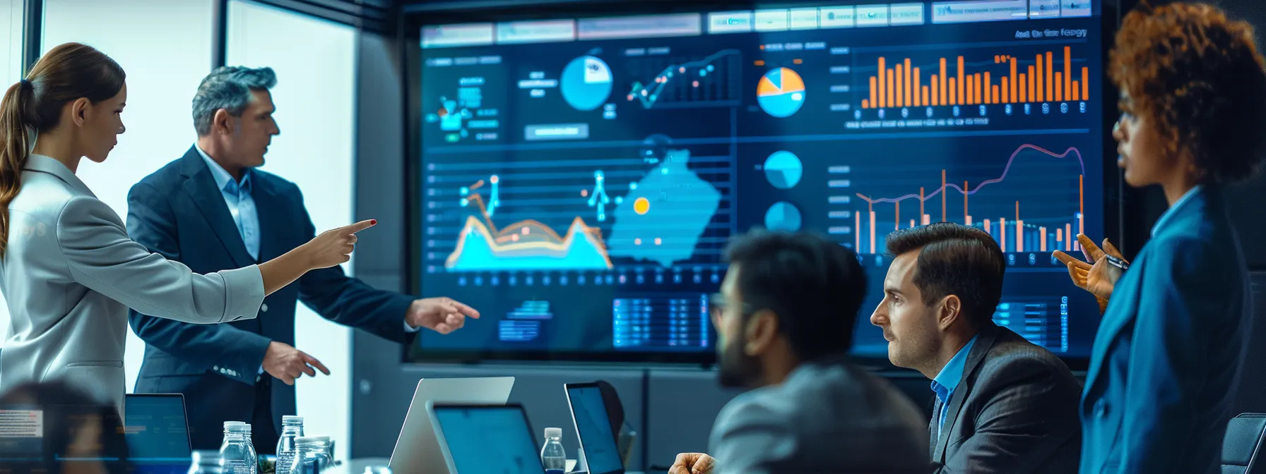 a group of professionals gathered around a conference table, pointing at a large anchor diagram on a presentation slide, with charts and graphs displayed on a screen behind them.